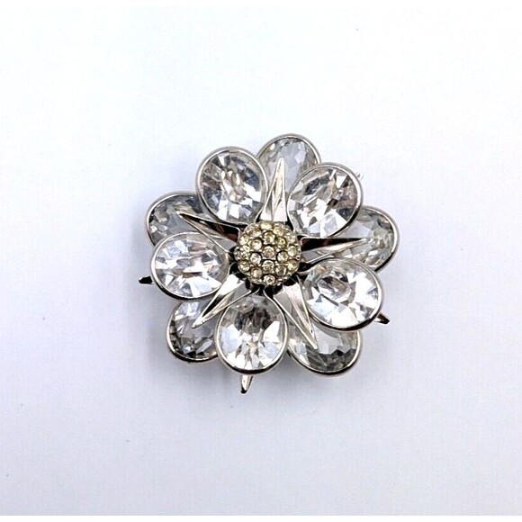 Vintage Walter Lampl 12K White Gold Filled Clear Crystal Flower Brooch Pendant - Picture 6 of 16